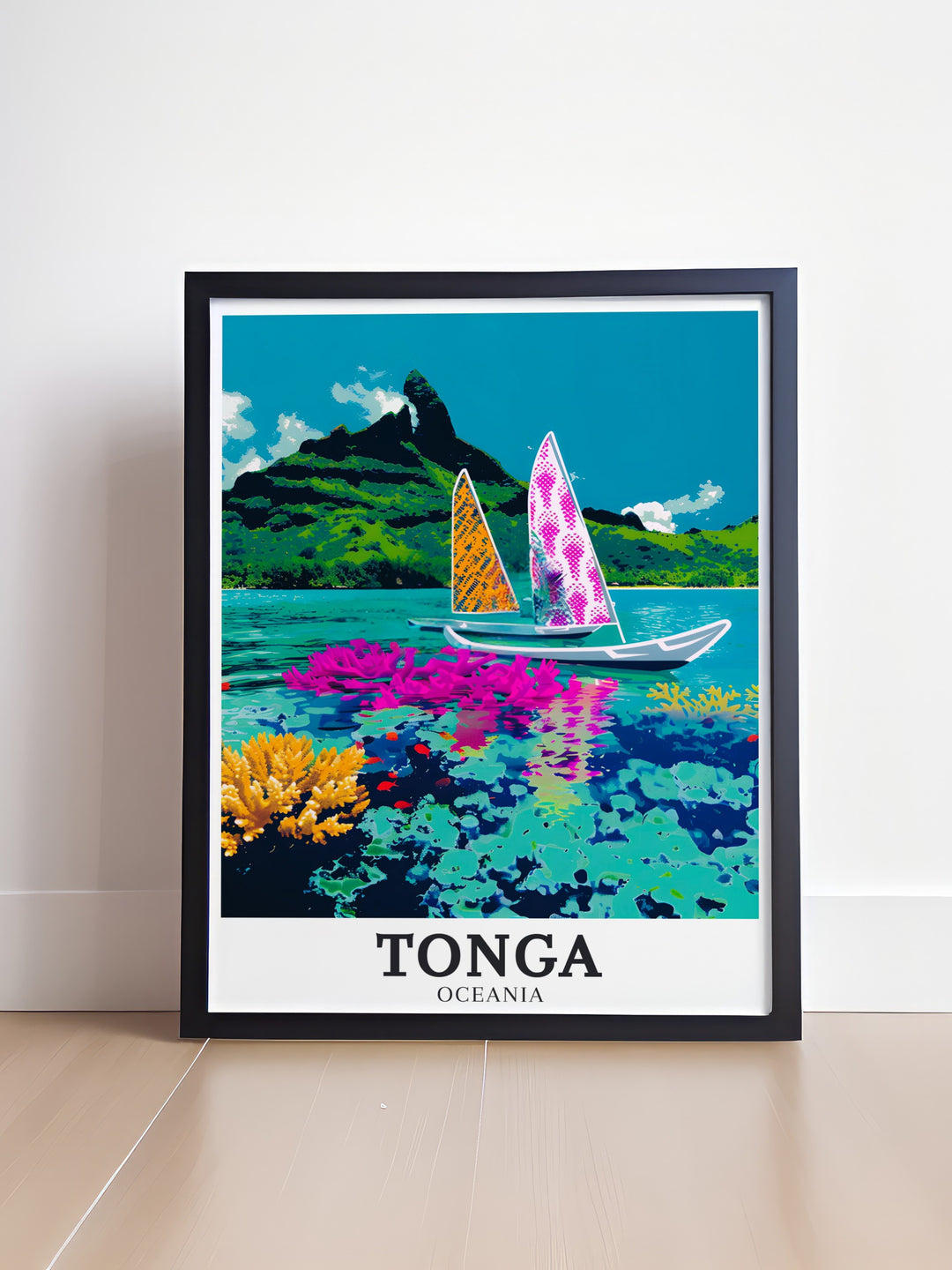 Tongan vaa canoes depicted in vibrant coral reef modern decor make an exquisite statement piece for elegant home settings