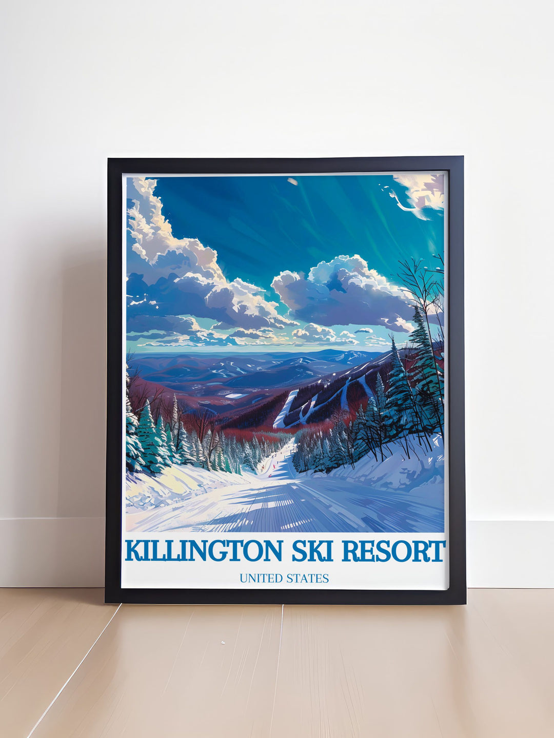 Killington Peak winter landscape featuring snow covered trails and skiers navigating the snowy terrain. The image captures the essence of winter sports and the breathtaking natural beauty of the mountain. Ideal for enhancing home or office decor with a love for skiing and alpine vistas.