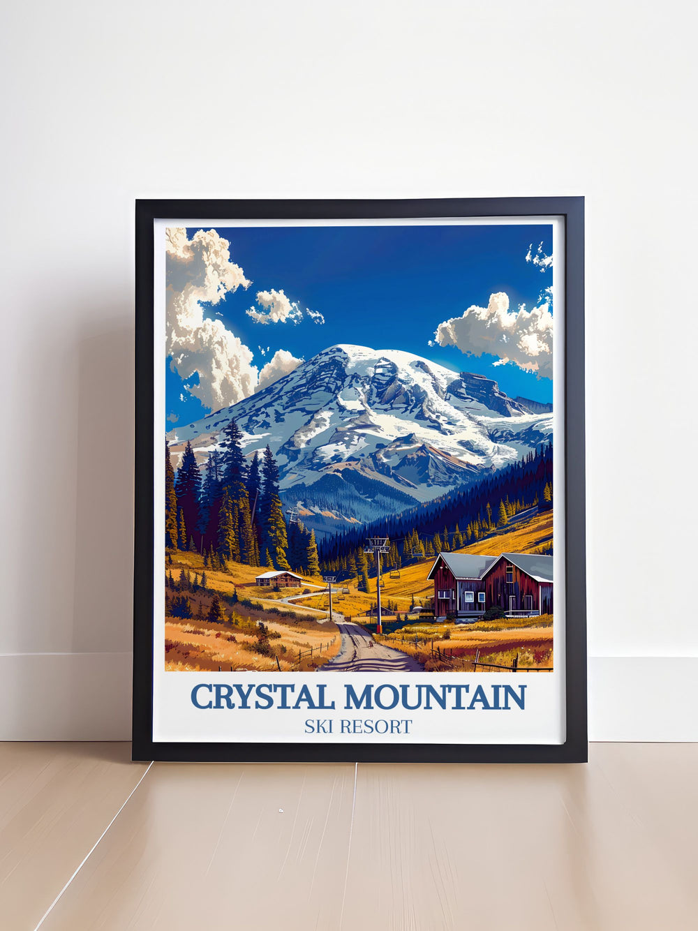 A stunning poster capturing the majestic views of Crystal Mountain and the thrill of skiing in Washington, perfect for winter sports enthusiasts and adventure lovers.