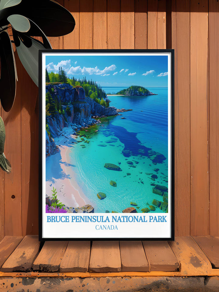 The Flowerpot Island Nature Print offers a serene view of the unique rock formations and tranquil waters of Bruce Peninsula National Park perfect for anyone who appreciates the majesty of nature and wants to bring a piece of it into their home