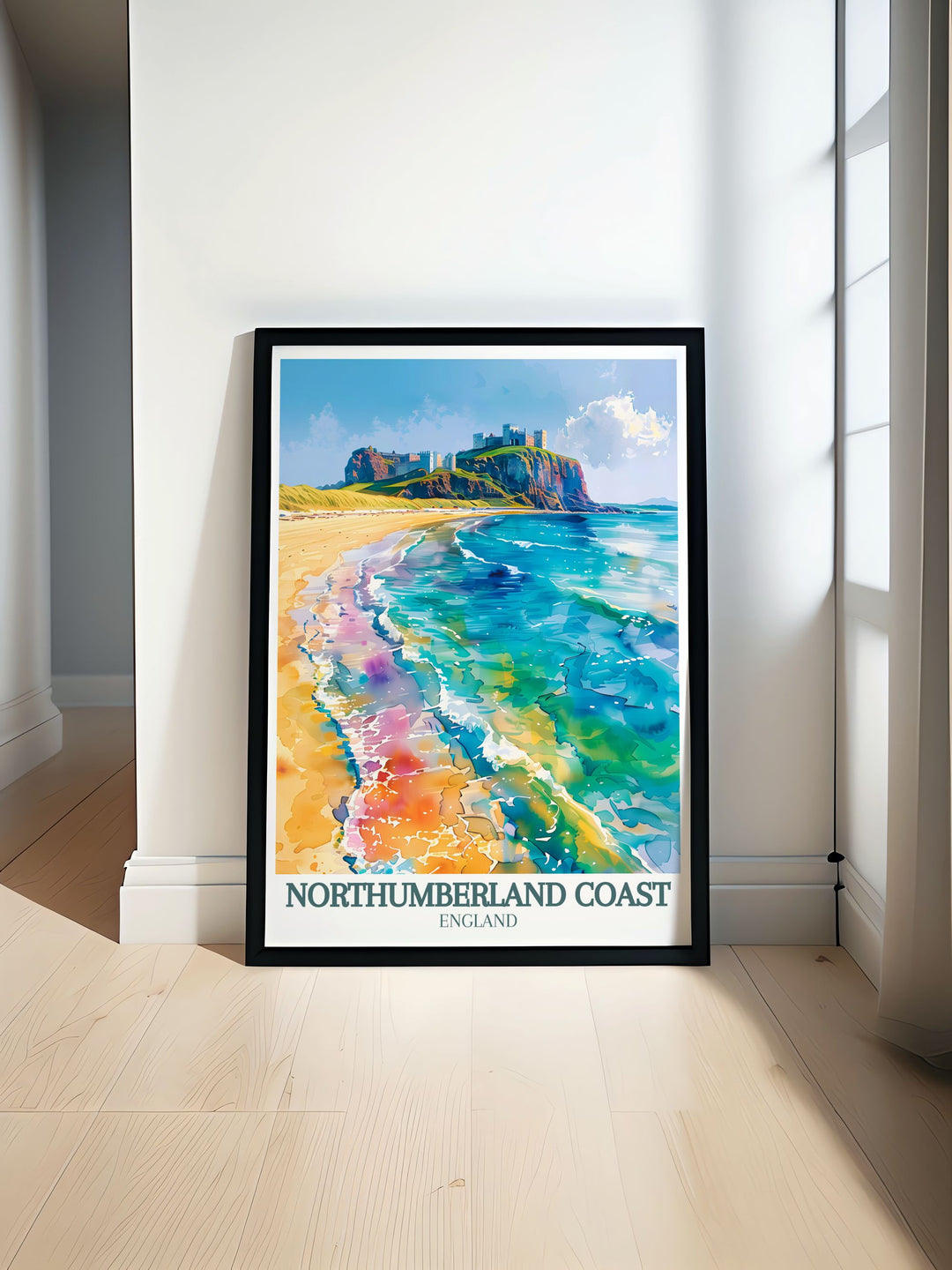 Beautiful Northumberland Print featuring the iconic Bamburgh Castle and Dunstanburgh Castle along the stunning Northumberland Coast perfect for home decor and art enthusiasts who appreciate historical landmarks and natural beauty