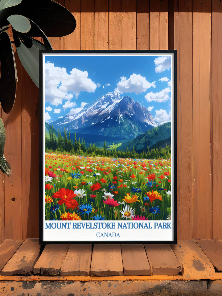 Discover the charm of Mount Revelstoke Summit with this National Park poster. Highlighting the stunning vistas of the Rocky Mountains and Revelstoke Canada, this print adds a sophisticated retro travel poster style to your home decor.