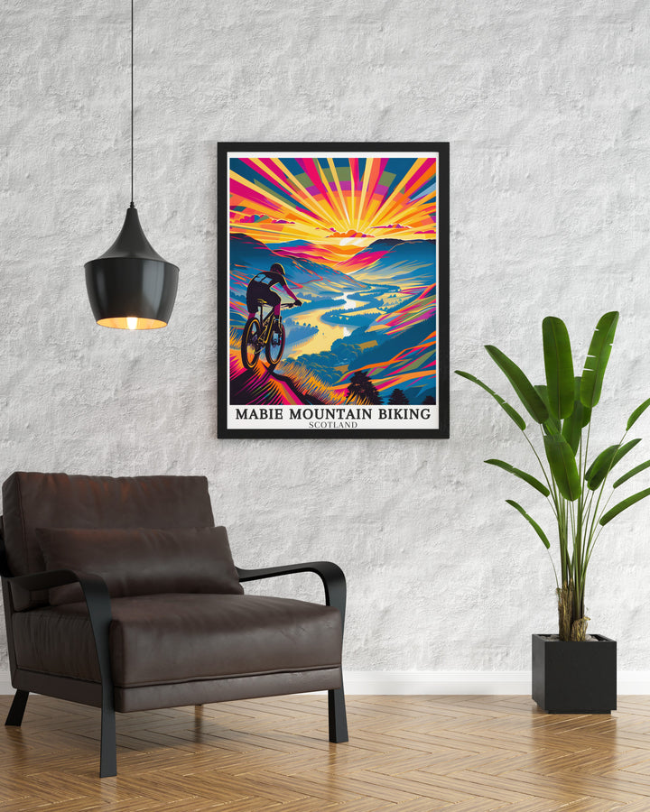 Cycling art. Highlighting the picturesque trails and gentle paths of Mabie Mountain Biking, this cycling art is perfect for enthusiasts and admirers of the sport. A great addition to any cycling themed decor.