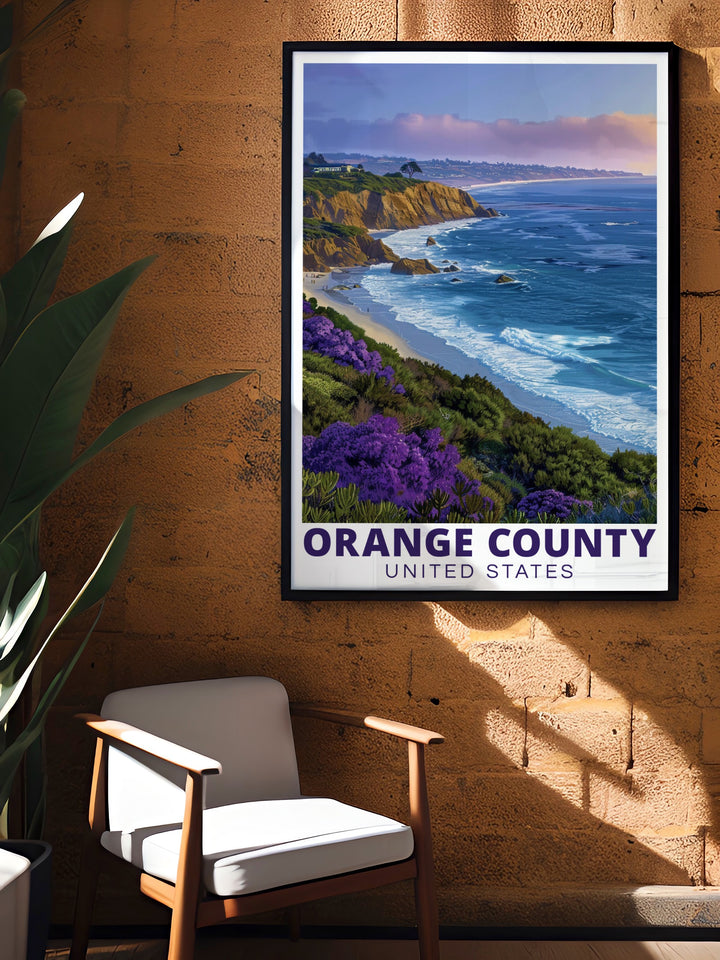 Crystal Cove vintage poster showcasing the parks rugged beauty in a retro style design. This art print brings the timeless charm of Southern California into your home, offering a nostalgic and artistic way to celebrate one of Orange Countys natural treasures. Ideal for personalized gifts or wall décor.