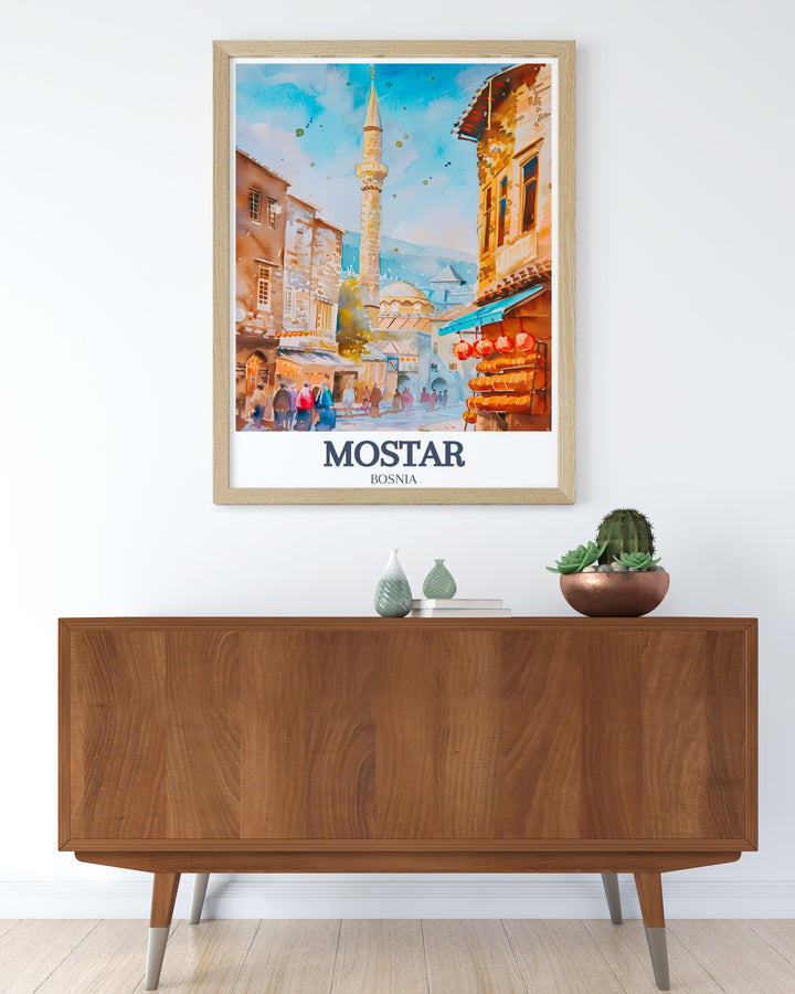 Mostar City Print featuring Koski Mehmed Pasha Mosque and Old Town Bazaar artwork bringing the charm of Southern Bosnia into your home decor