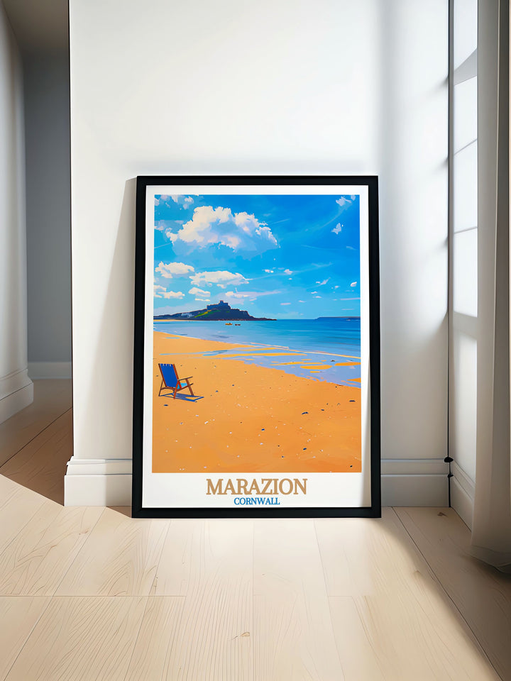 Discover the beauty of Marazion Beach with our stunning Cornwall wall art featuring the iconic St Michaels Mount perfect for adding coastal charm to your home decor and enhancing your living space with elegant and timeless art prints