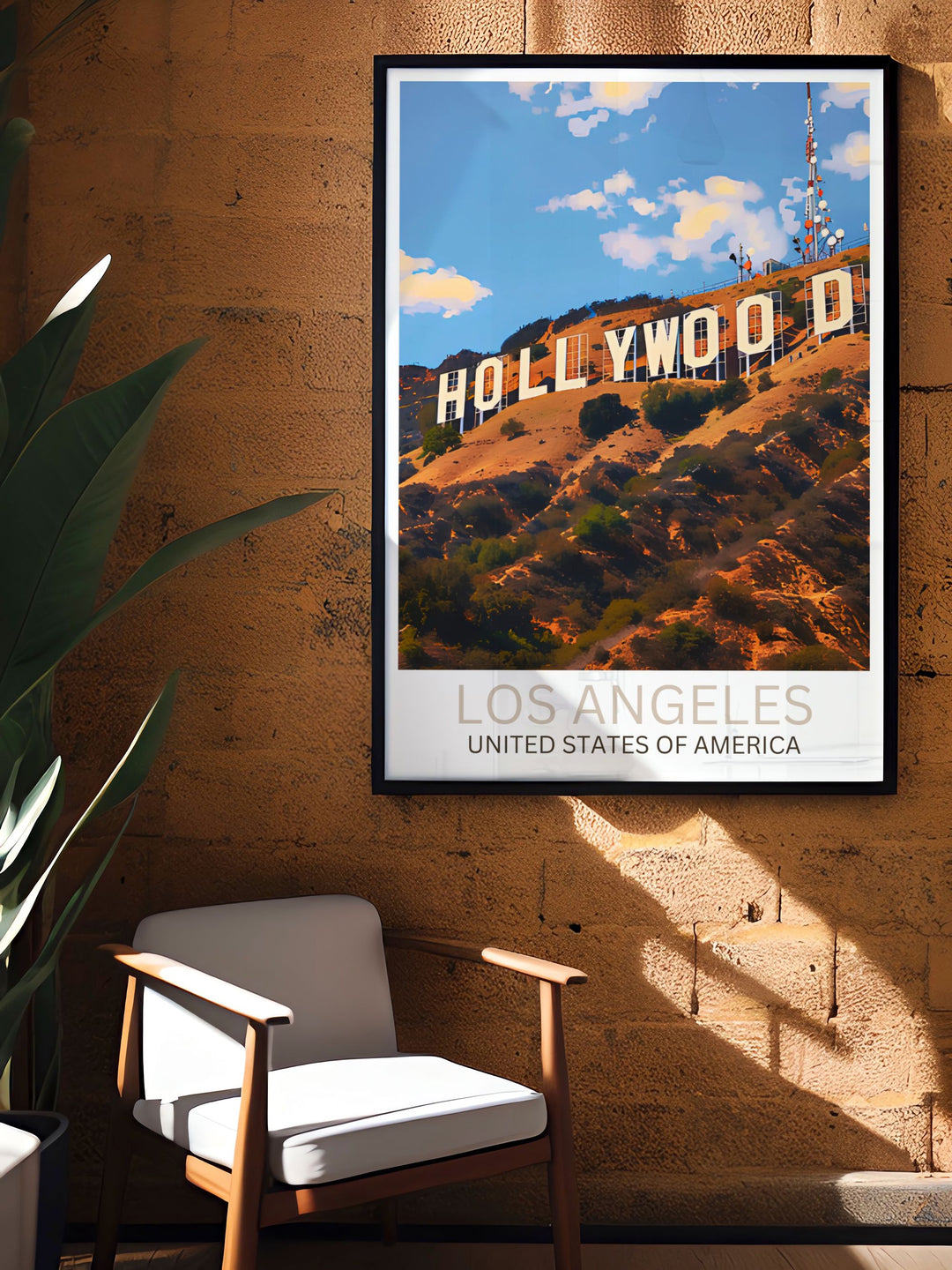 Hollywood Sign Framed Print with a stylish representation of the famous sign. Ideal for living room decor or as a special gift, this piece of Los Angeles Art brings sophistication and charm to your walls.