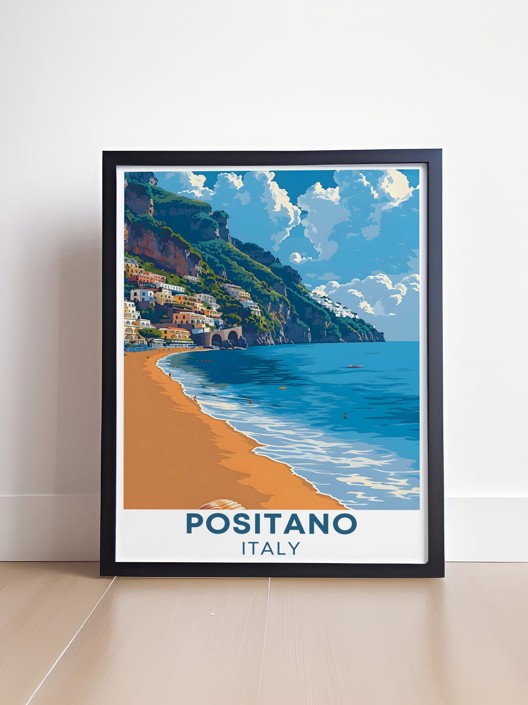 Positano wall art depicting the picturesque Spiaggia Grande perfect for creating a captivating focal point in your home decor and bringing the vibrant and peaceful ambiance of the Amalfi Coast to your interior design