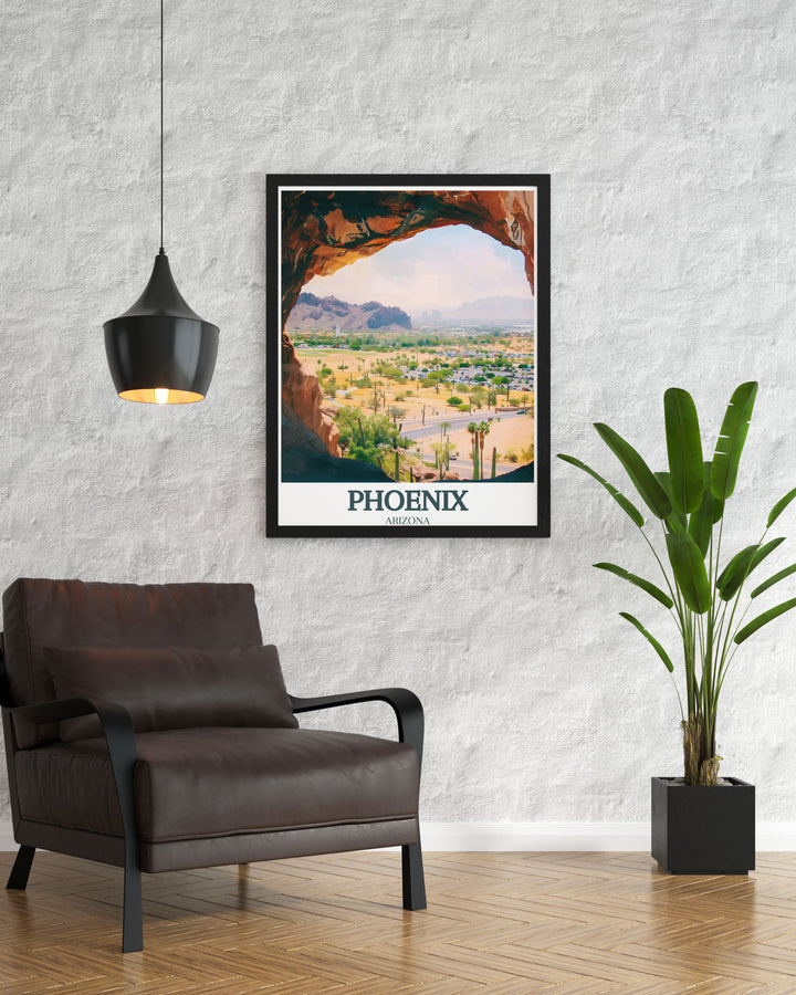 Phoenix Poster Print showcasing the stunning desert landscape of Papago Park and the ancient Hole in the Rock formation. This travel print brings the natural beauty of Arizona into your home, perfect for nature lovers and adventure seekers.