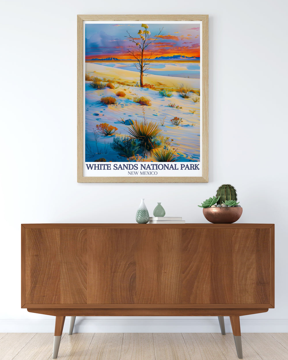National park poster of White Sands showcasing the majestic San Andres Mountains and the expansive Chihuahuan Desert a perfect gift for nature lovers and those who appreciate modern prints and stunning home decor adding a touch of natural beauty to any space.