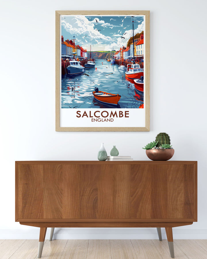 The Devon travel poster featuring Salcombe Harbor is a perfect piece for those who love coastal scenery and vintage travel posters