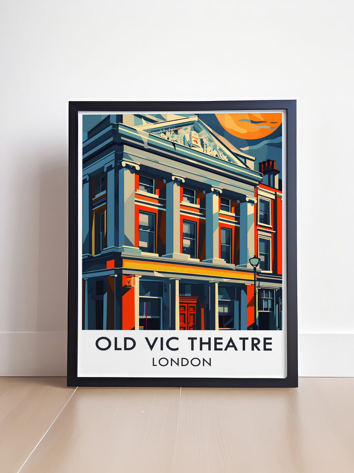 This Old Vic travel print showcases the theatres elegant exterior in a stylish art deco design. A perfect addition to any space, the vibrant colors and retro feel make it a wonderful piece for lovers of Londons theatre scene or anyone seeking vintage inspired art.