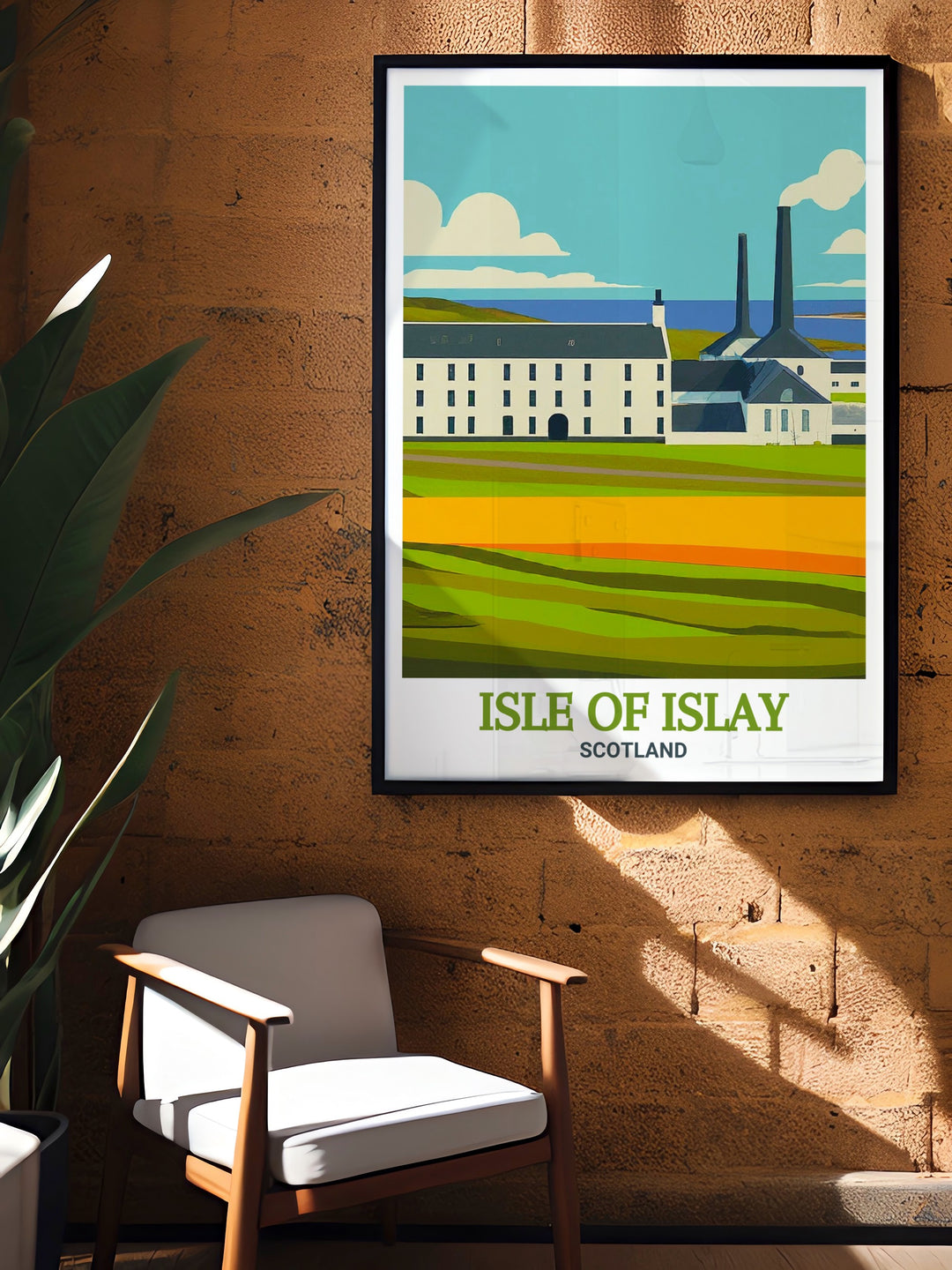 A detailed art print of Laphroaig Distillery on the Isle of Islay, capturing the essence of Scotlands whisky heritage. The print features the distillerys traditional architecture and the beautiful natural scenery surrounding it.