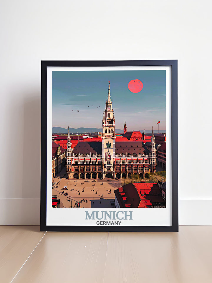 Bring the history and charm of Munich into your home with this New Town Hall Travel Print. Perfect for anyone who loves German culture, this artwork captures the intricate details of one of the countrys most famous buildings.