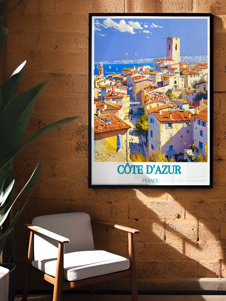 Modern wall decor showcasing the stunning scenery of the Old Town of Antibes in the Côte dAzur, France. This print features the charming streets, historic buildings, and beautiful Mediterranean coastline, bringing the beauty of the French Riviera into your living space.