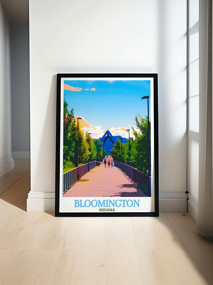 B Line Trail vintage poster highlighting the serene beauty of Bloomington Indiana with lush greenery and peaceful paths perfect for home decor and personalized gifts capturing the essence of the citys natural charm and community spirit in a stunning visual format