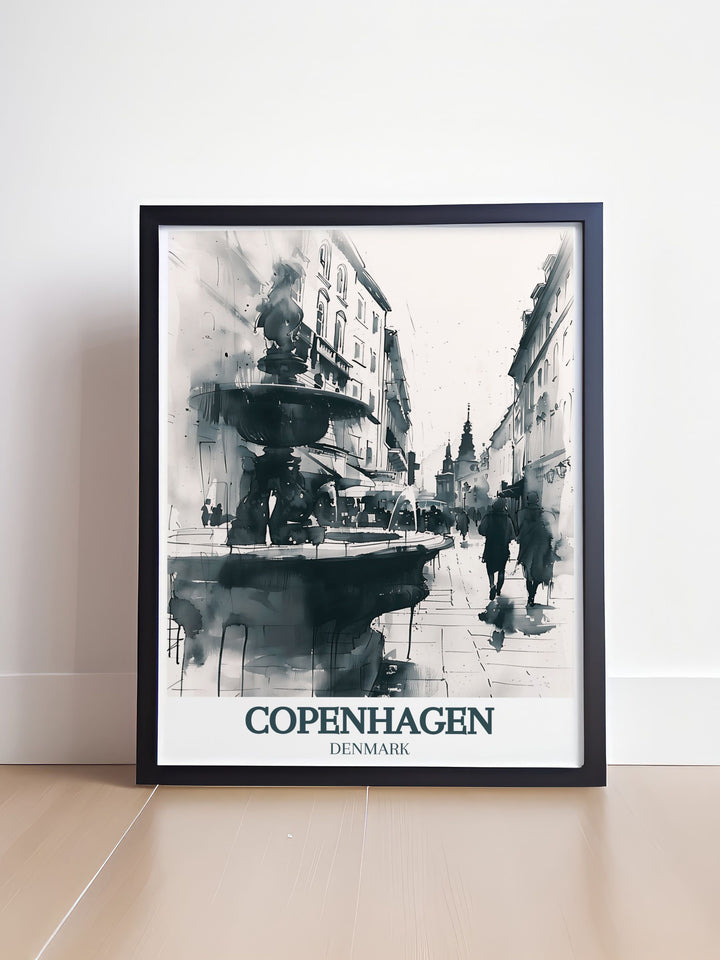 Celebrate the charm of Copenhagen with this exquisite art print featuring Stroget street, Stork Fountain. Perfect for adding a vibrant and historic touch to your home decor. A wonderful gift for anyone who loves travel and beautiful destinations.