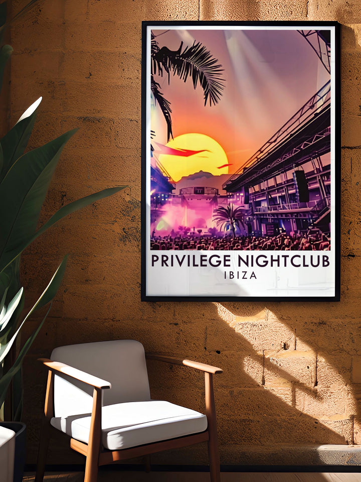 Stage stunning prints of Ibizas iconic nightclubs including Privilege and Ku Club perfect for creating a lively and energetic ambiance in your home or office