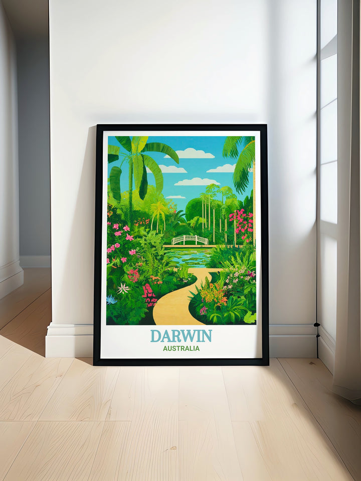 Darwin poster featuring the George Brown Darwin Botanic Gardens, a tranquil oasis in the heart of Australias Northern Territory. This Australia travel print highlights the rich biodiversity and peaceful ambiance of the gardens, bringing a touch of nature into your home decor.