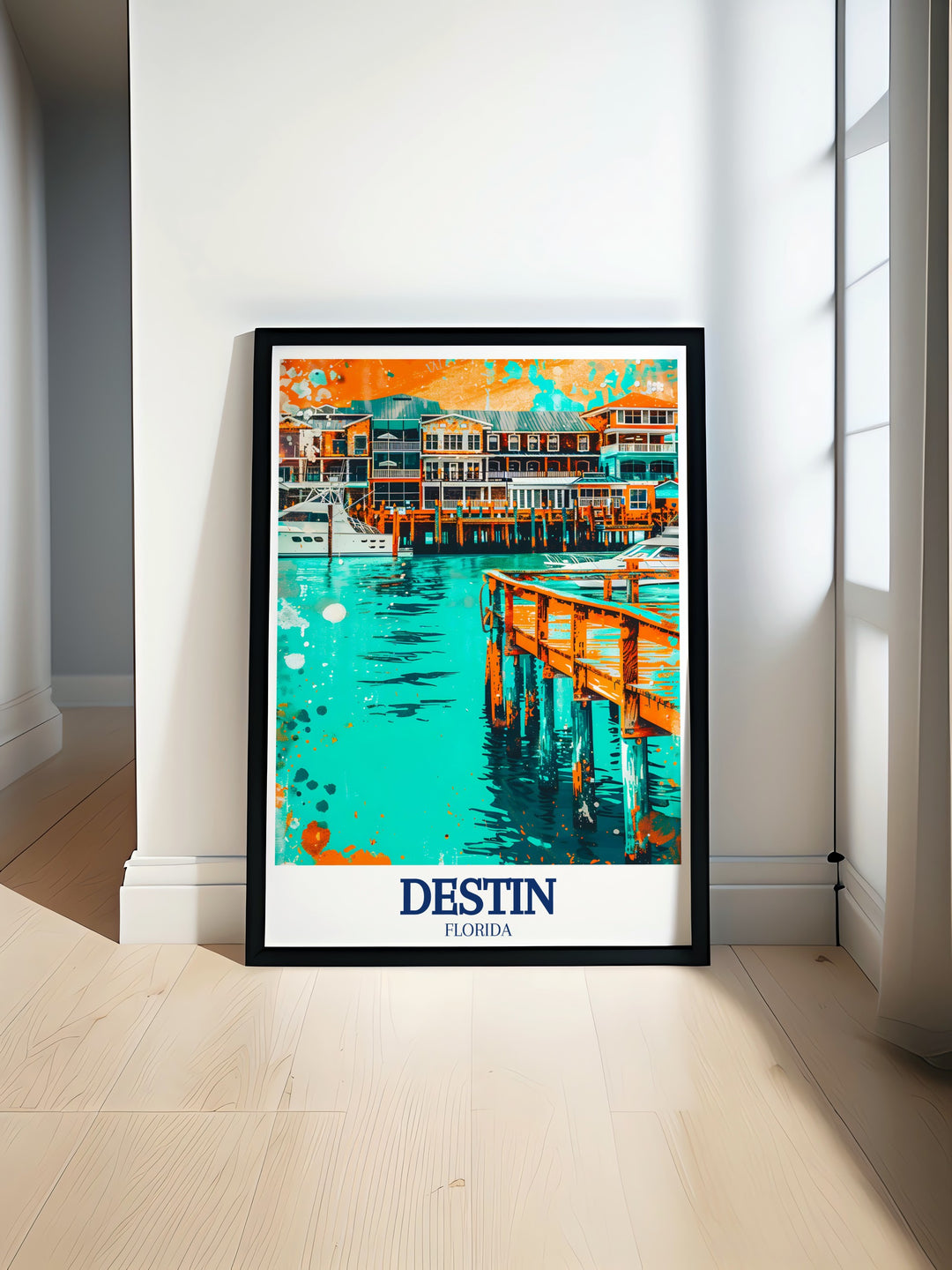 Destin Beach Florida travel print capturing the pristine beauty of this popular vacation destination. This wall art showcases the emerald waters, white sands, and vibrant atmosphere of Destin, making it a perfect addition to coastal decor. Ideal for beach lovers and those dreaming of their next getaway.