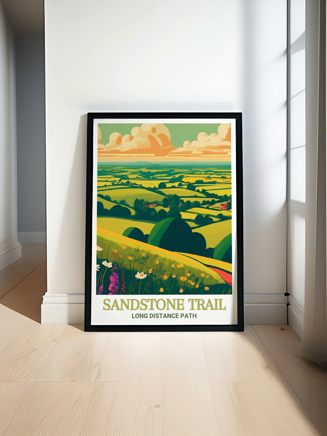 Burwardsley Hill scenic poster featuring the impressive views and natural beauty of this hill along the Sandstone Trail. This print is a thoughtful gift for nature and hiking enthusiasts, capturing the essence of Cheshires most iconic landmarks in vibrant detail.