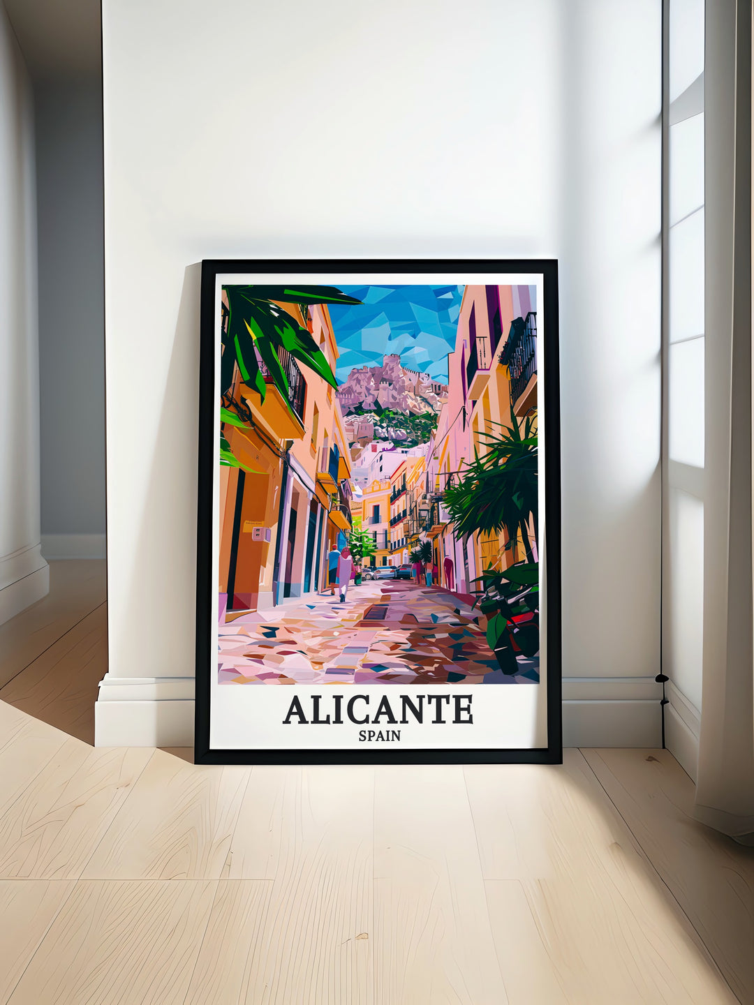 Alicante Art Print featuring Mount Benacantil and Old Town in a stunning black and white design perfect for adding a touch of elegance to any home decor ideal as a thoughtful gift for birthdays anniversaries or Christmas