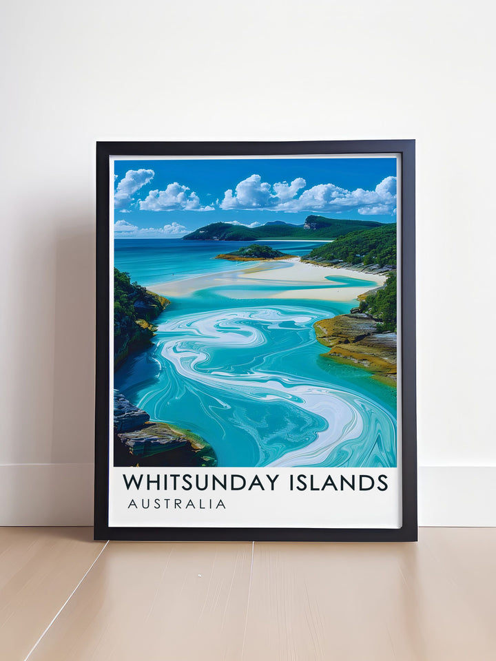 Stunning Hill Inlet framed print depicting the serene and colorful landscape of the Whitsunday Islands ideal for nature lovers and stylish home decor