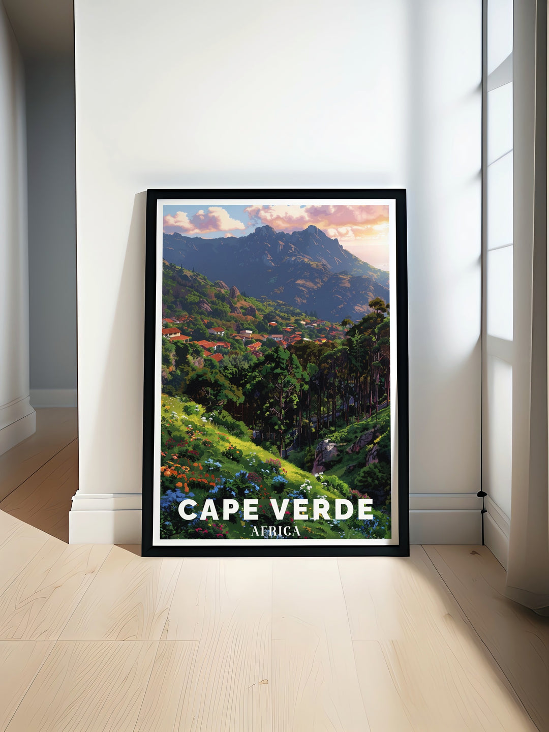 The Cape Verde canvas art highlights the striking peak of Mount Verde and the surrounding coastline. This travel poster beautifully captures the contrast between Cape Verdes rugged volcanic terrain and the calm Atlantic waters, perfect for nature lovers and art collectors.