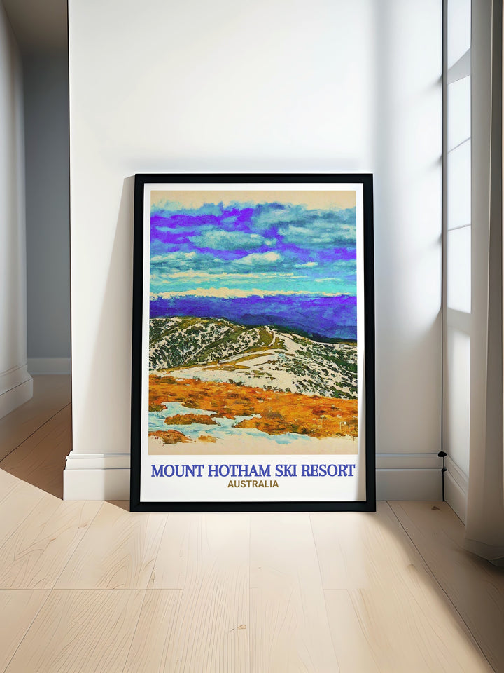 This Mount Hotham poster print showcases the breathtaking beauty of the iconic Mount Hotham Ski Resort and its stunning summit views. Ideal for any ski enthusiast, the poster captures the snowy peaks of the Great Dividing Range, making it a perfect addition to your winter sports or travel art collection.