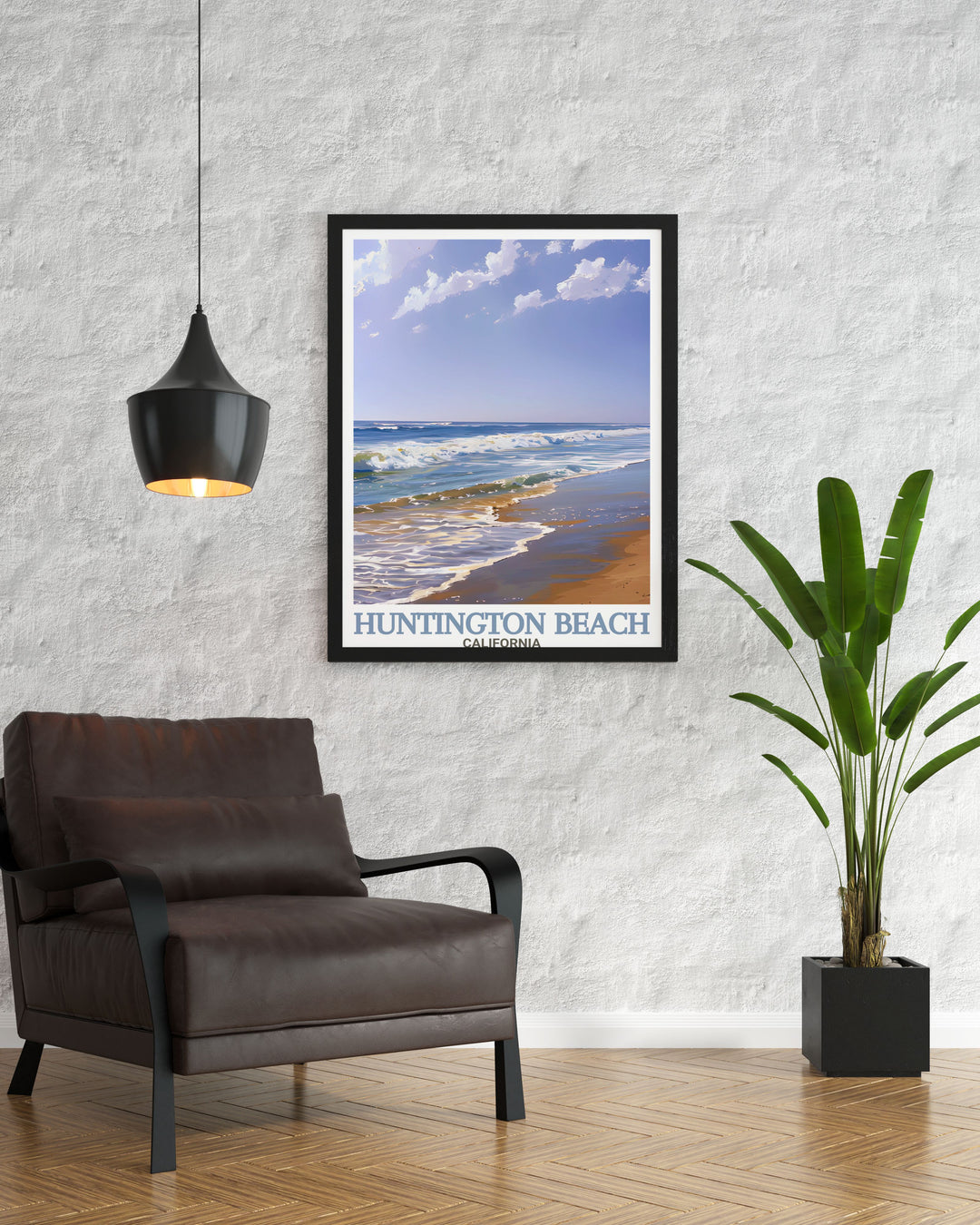 This Huntington Beach travel print captures the picturesque views of Californias famous beaches. With Huntington State Beach featured prominently, this canvas art is perfect for anyone who wants to add a bit of the West Coast to their home.