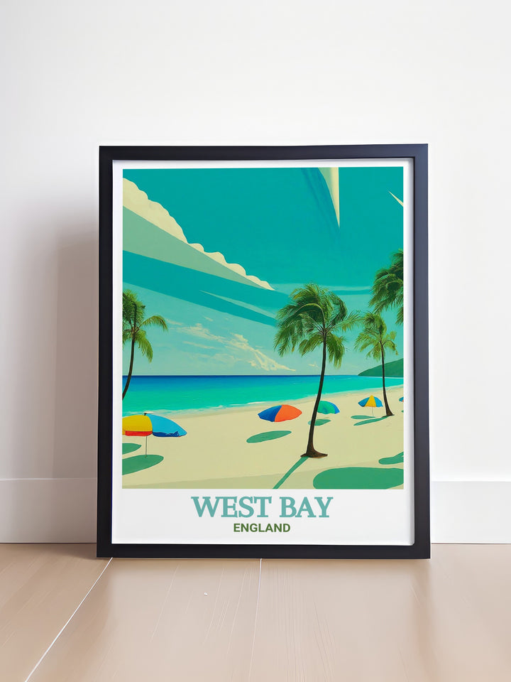 Canvas art of West Bay Beach, highlighting the dramatic cliffs and serene waters along Englands southern coast. This travel poster brings the natural beauty of the Jurassic Coast into your home, perfect for those who appreciate coastal scenery.