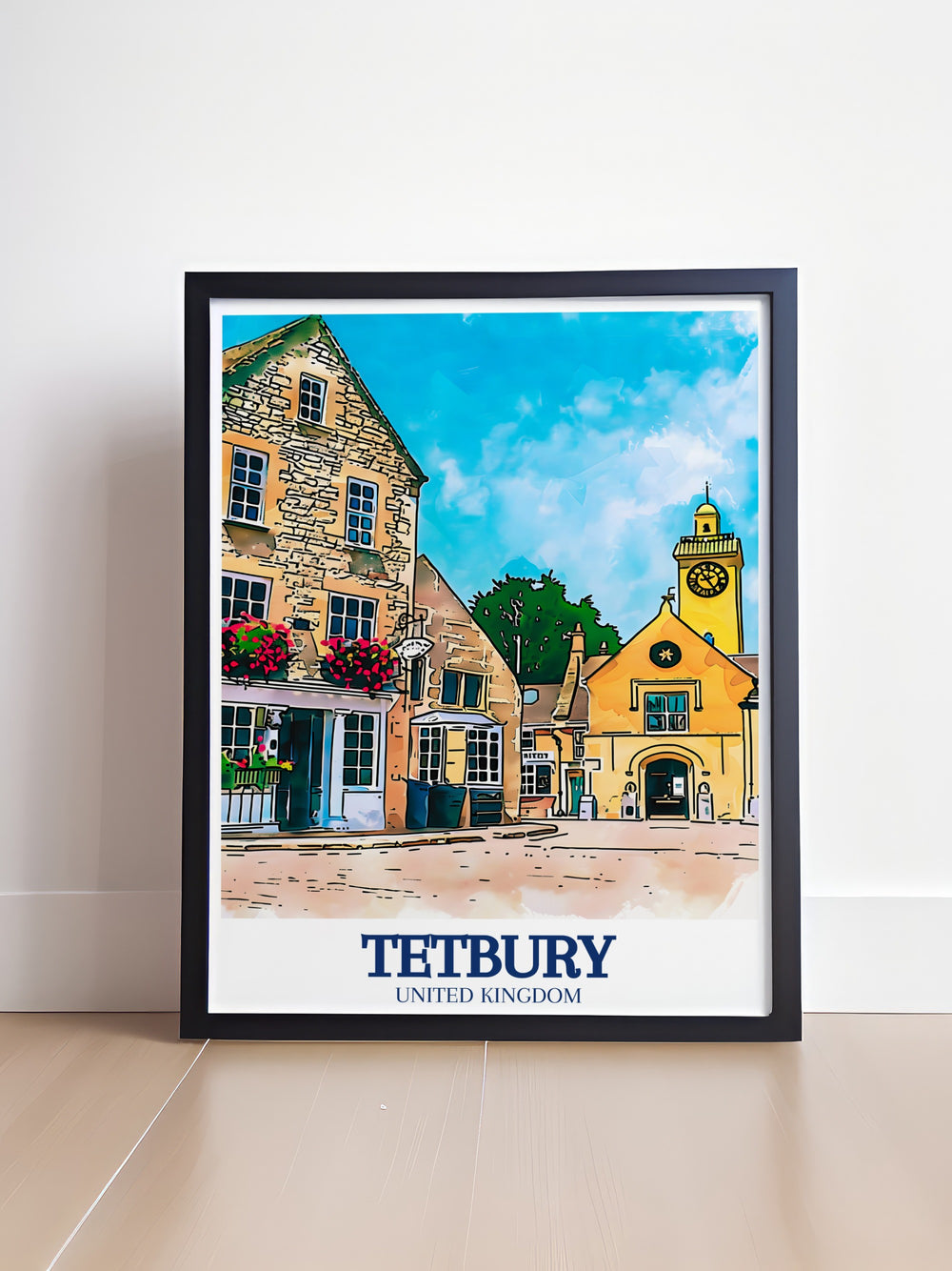 A beautiful art print of Tetbury, showcasing the iconic Tetbury Town Hall and the bustling High Street. The artwork captures the essence of this charming Cotswold village, making it an ideal piece of decor for lovers of English history and travel.