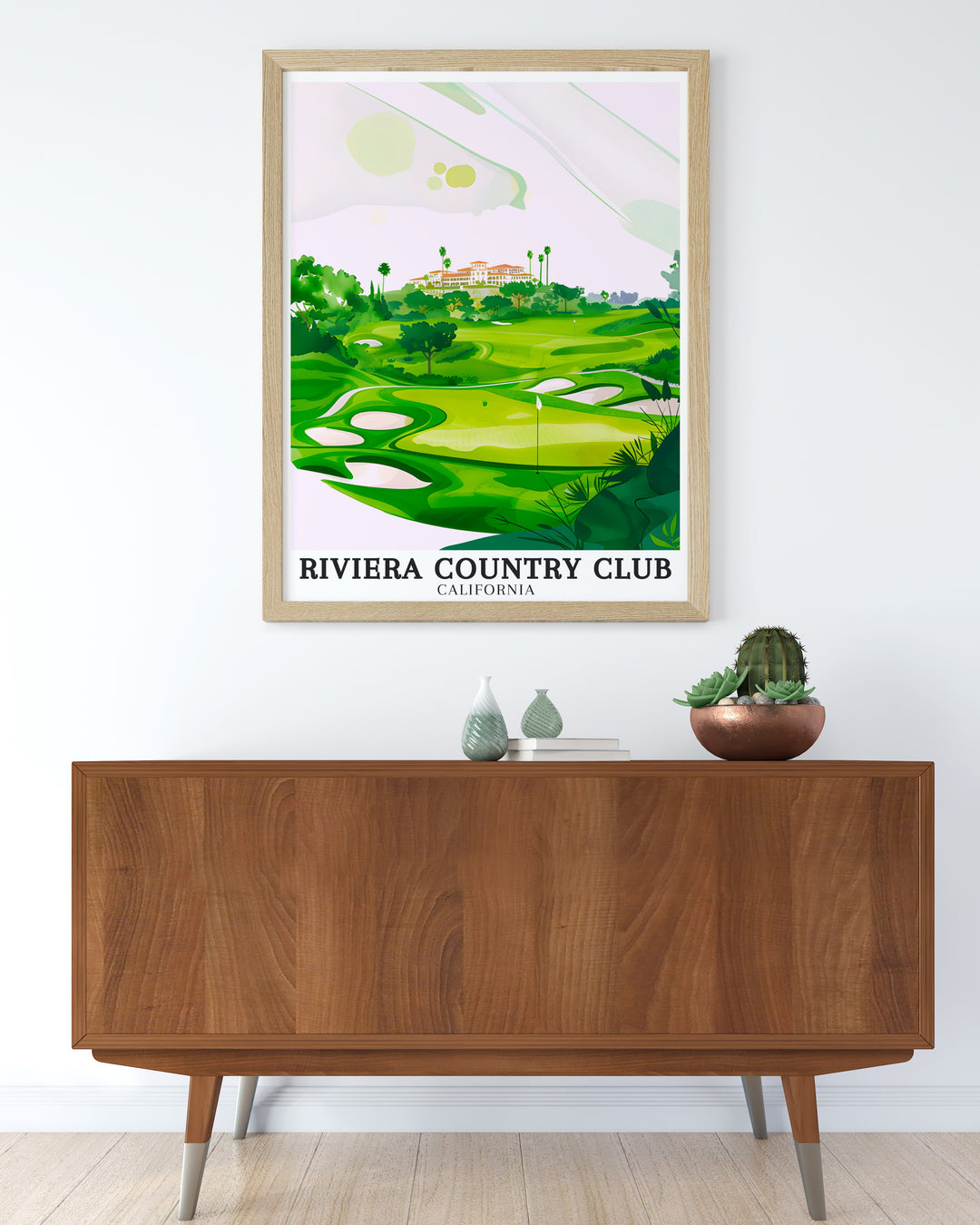 This canvas art features the historic Riviera Country Club, showcasing its famous 18th Hole and the luxurious Riviera Club House. A stunning piece of wall art for any golf lover, it brings the charm of Pacific Palisades into your decor.