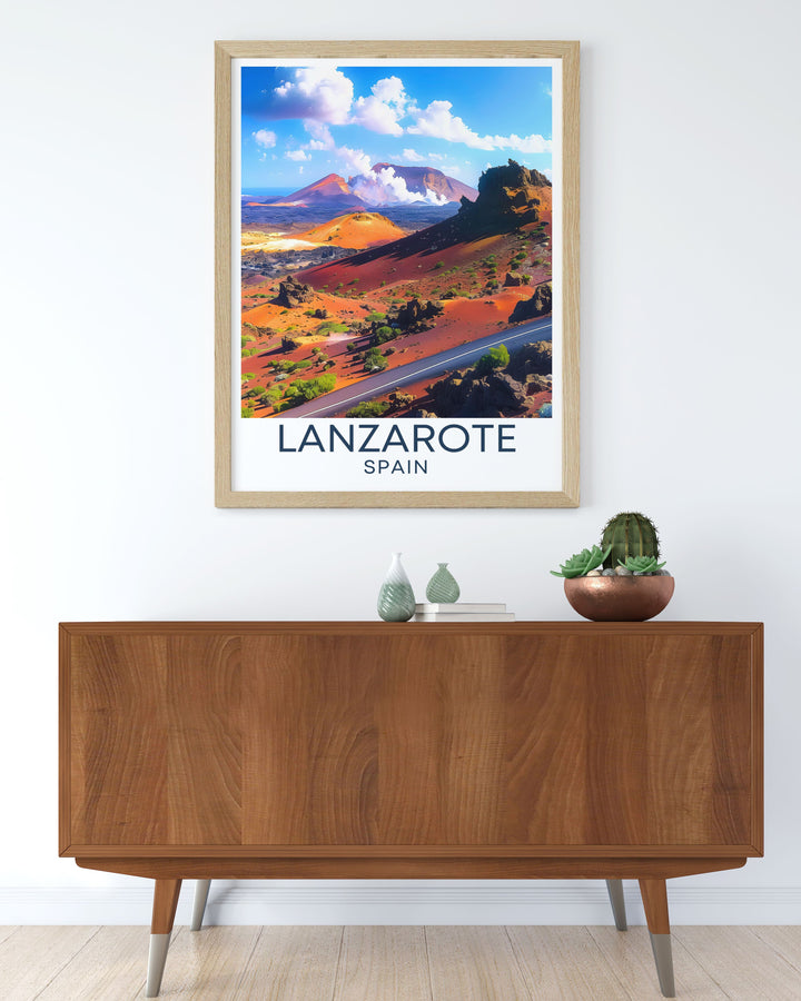 This vibrant art print of Timanfaya National Park depicts the Montañas del Fuego with their dramatic vistas and vibrant volcanic hues, making it an excellent addition for those who appreciate the unique landscapes of Lanzarote.