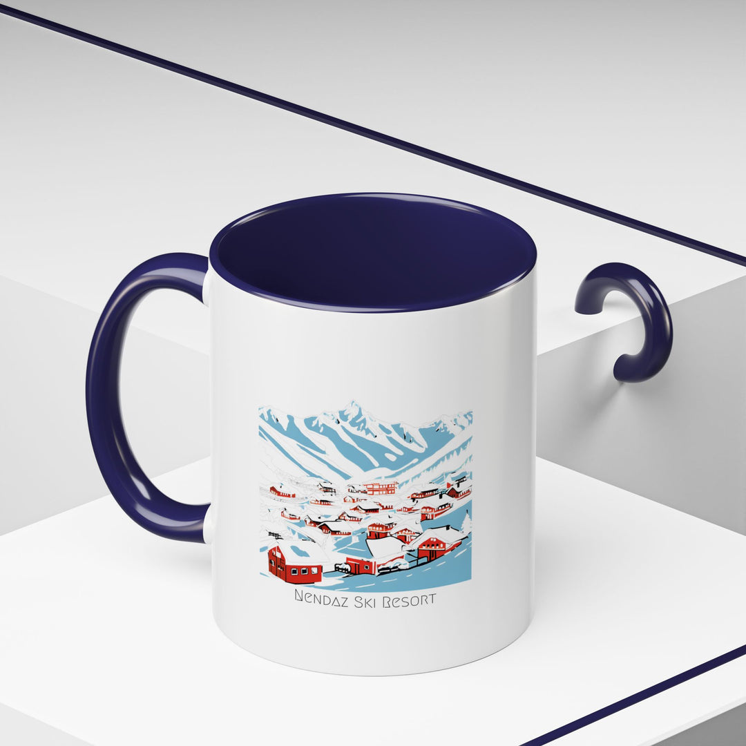 Celebrate the beauty of Nendaz with this stunning alpine mug. Featuring intricate artwork of the Swiss Alps, this ceramic mug is both practical and stylish, being microwave-safe and dishwasher-safe for easy maintenance.