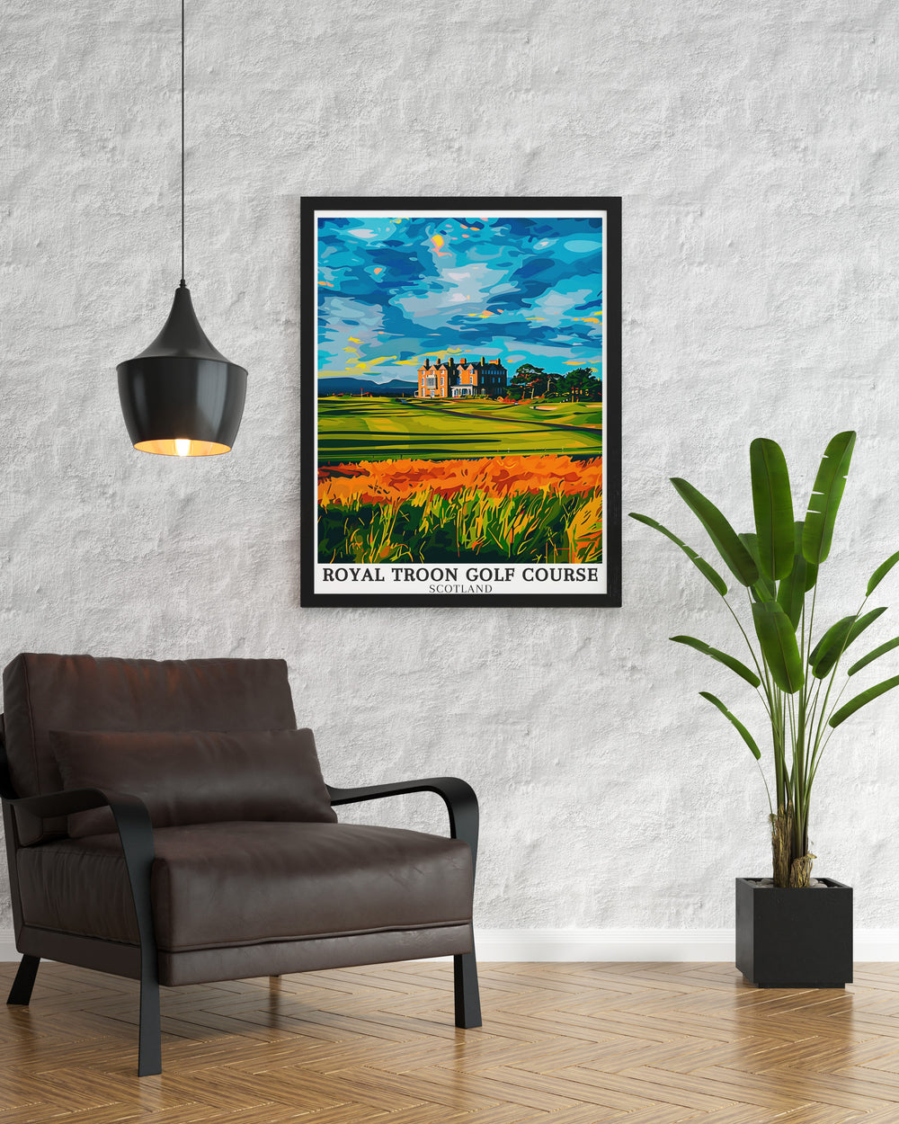 This golf art print of Royal Troon and Ayrshire coastline including Marine Troon highlights the beauty of Scottish golf courses ideal for home decor or a golf club setting a great gift for golfers who appreciate the history of Augusta National and Royal Dornoch