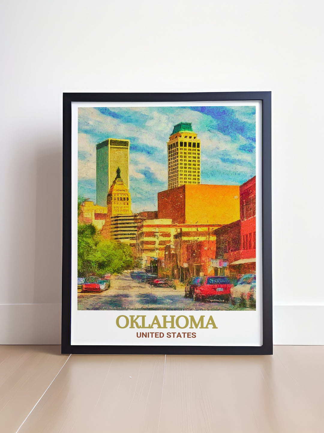 Fine line Oklahoma map print showcasing Tulsas Art Deco District in a sleek black and white design. Perfect for home decor wall art or as a unique gift for those who love Oklahomas architecture. Ideal for anniversaries birthdays or holiday gifts.