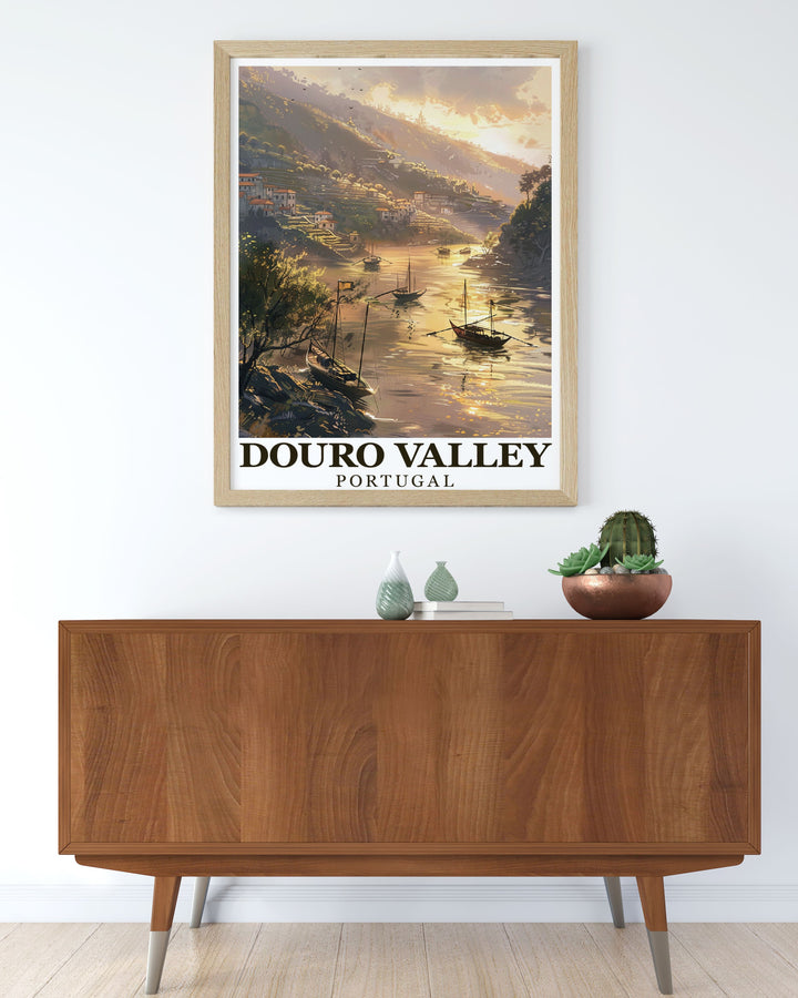 Vintage poster highlighting the historical charm of the Douro Valley, featuring the regions rich cultural heritage and scenic landscapes.