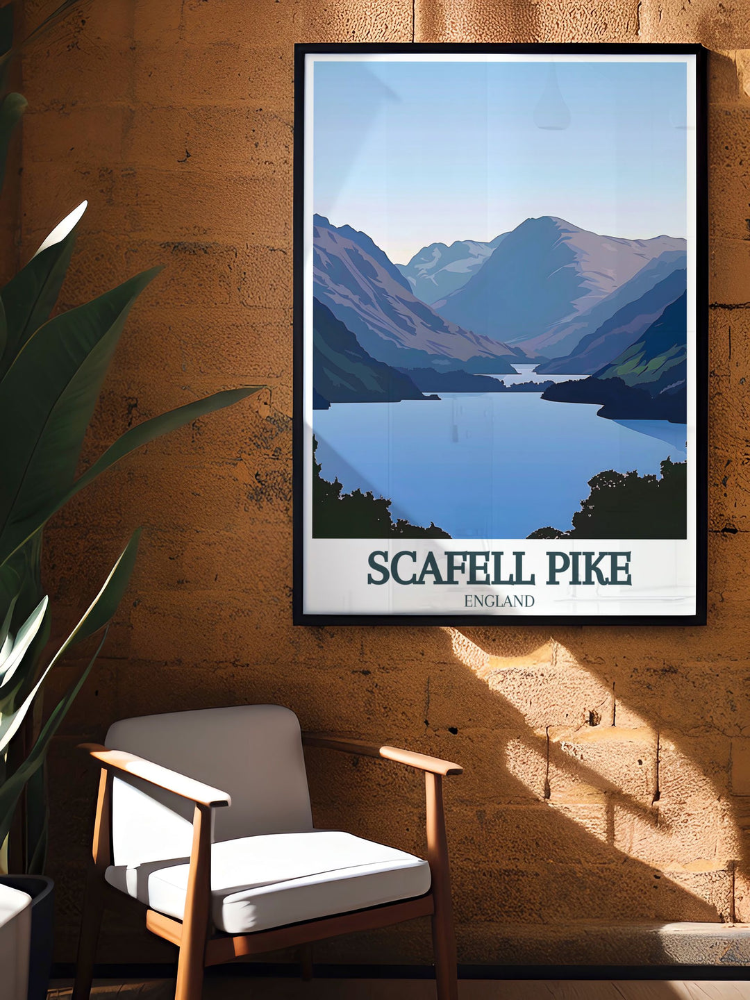 Scafell Pike travel print featuring the tranquil waters of Wastwater lake in the Lake District England perfect for anyone who appreciates nature and wants to add a peaceful nature illustration to their home decor.