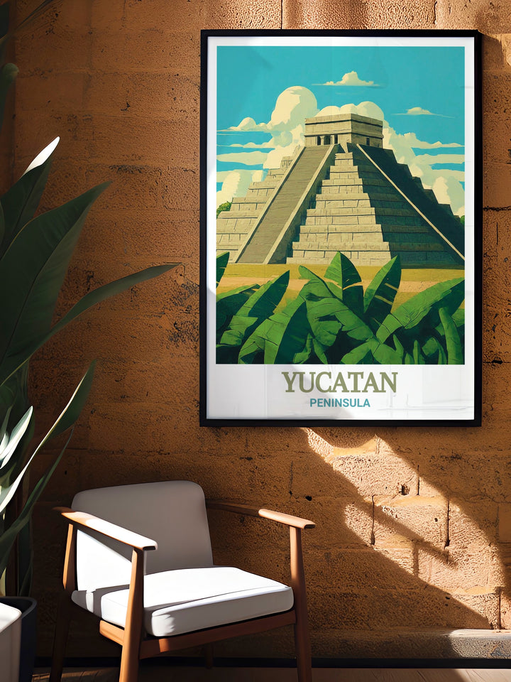 Immerse yourself in the adventure of Mexicos Yucatan Peninsula with this travel poster of Cenote Ik Kil, highlighting the natural beauty and cultural significance of this renowned cenote.