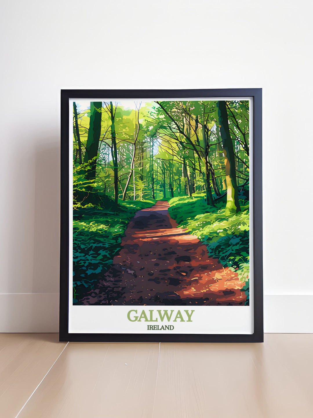 This Galway Travel Print showcases the unique blend of urban life and natural beauty found in Ireland. The fine line details of Galways map combined with the lush greenery of Merlin Woods create a captivating contrast in this beautiful art print.