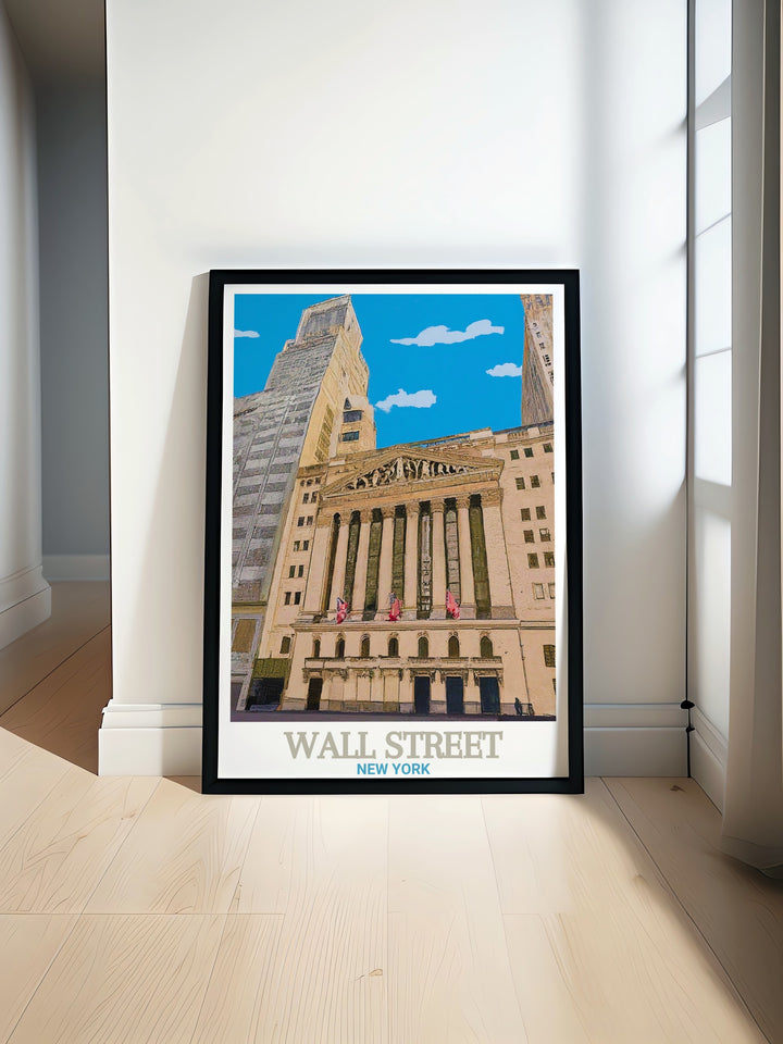 Wall Street Poster Print captures the architectural grandeur of New Yorks financial district, showcasing the iconic New York Stock Exchange. This print adds urban sophistication to your decor, making it an ideal gift for anyone who loves the energy of New York City.