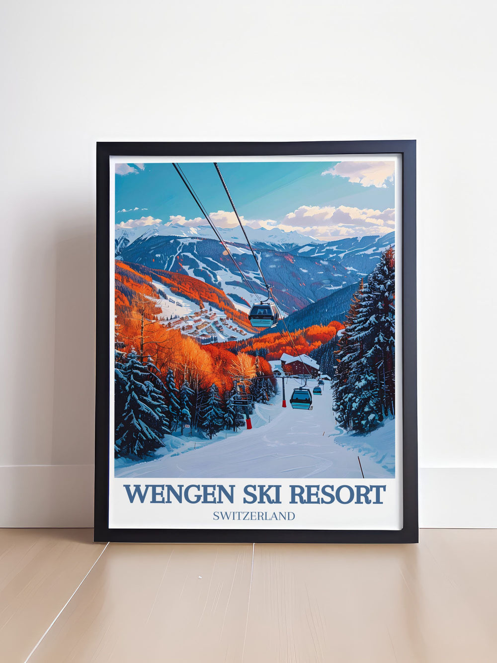 Modern wall decor featuring Wengen Ski Resort, Switzerland. This print highlights the resorts stunning alpine scenery and serene atmosphere, ideal for adding a contemporary touch of natures elegance to your living space.