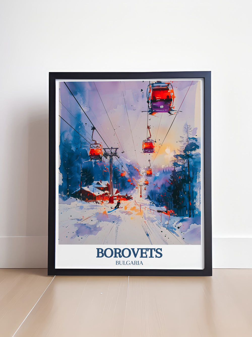 Stunning Borovets ski resort art print highlighting the vibrant slopes and the exciting Yastrebets Express, ideal for skiing enthusiasts and nature lovers.