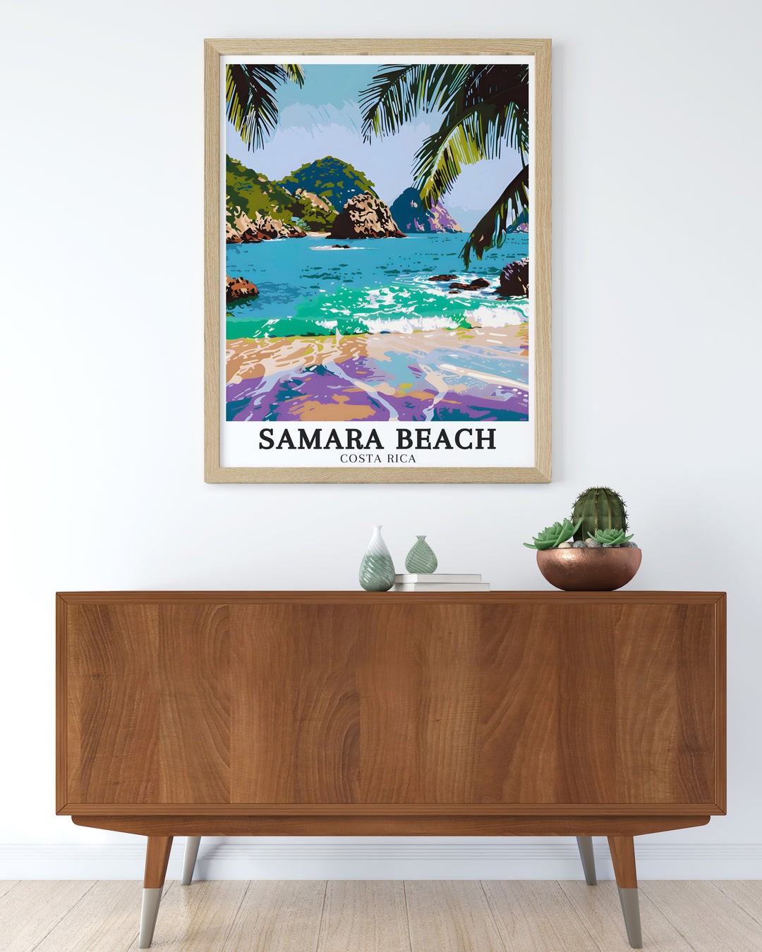 This artwork of Samara Beach showcases the tranquil scenery of Costa Rica, including the nearby Isla Chora and the Whale Tails Rocks. Perfect for enhancing a living space with beach inspired decor or as a travel gift for adventurers.