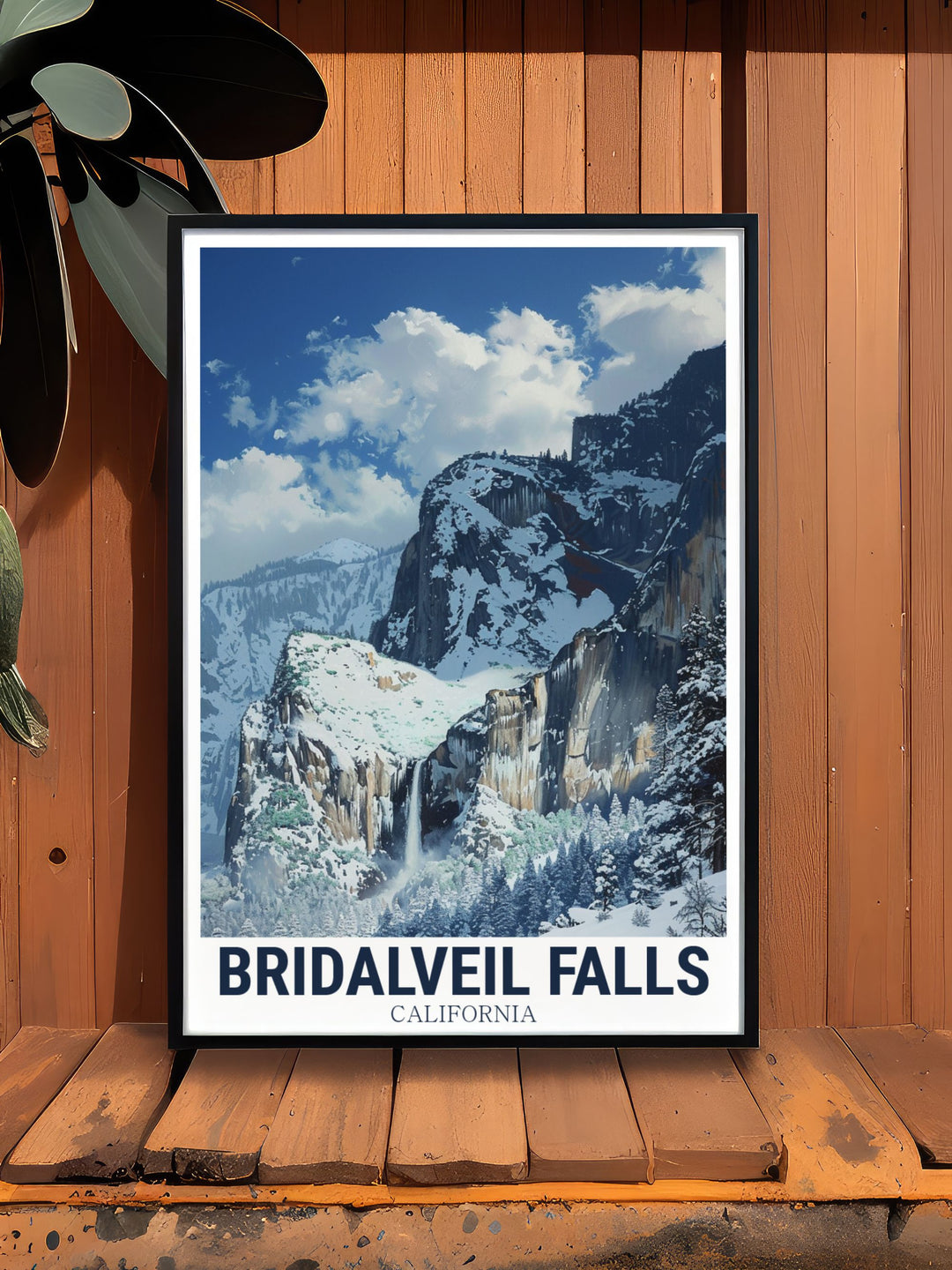 Captivating View from winter Bridalveil Falls print offering a closeup of the majestic waterfall in Californias Yosemite National Park. This California travel poster is ideal for home decor adding a touch of natural beauty to your living space or office.