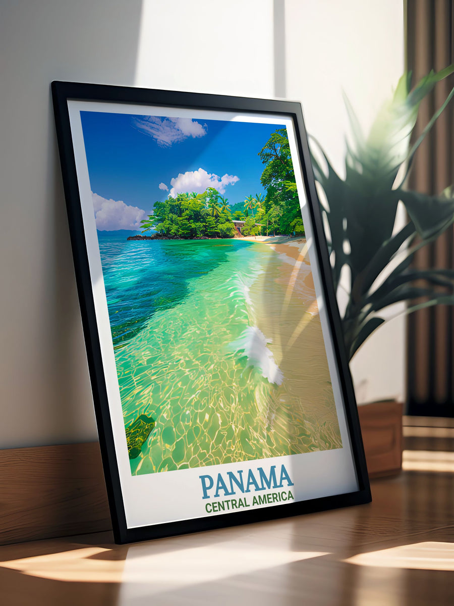 Panama Poster Print offering a beautiful depiction of the serene beaches and lush landscapes of Bocas del Toro. Ideal for coastal decor, this travel poster captures the spirit of Panamas tropical beauty and is perfect for beach house wall art.