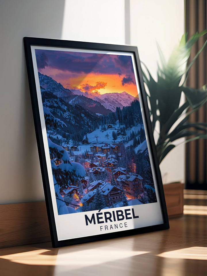 Elegant Meribel Village modern decor blends retro ski poster charm with contemporary style ideal for snowboard enthusiasts and home decorators