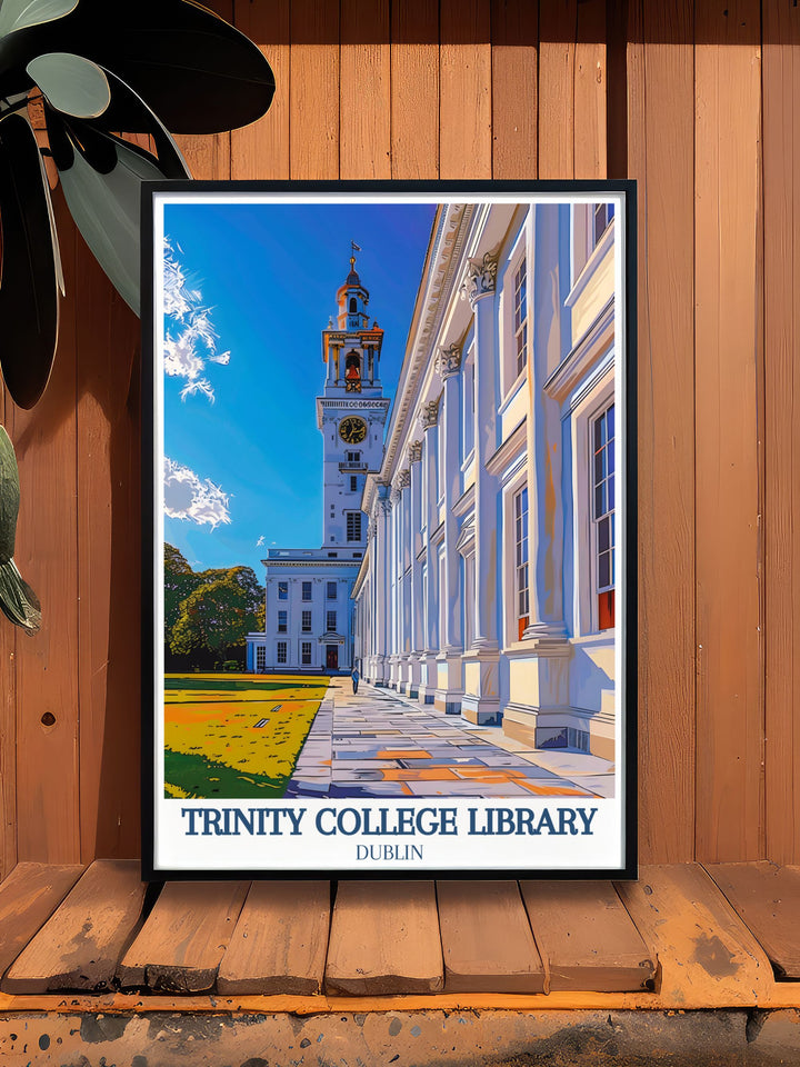 Detailed Dublin University print highlighting Trinity College and the Campanile bell tower perfect for modern living room decor and Dublin gifts