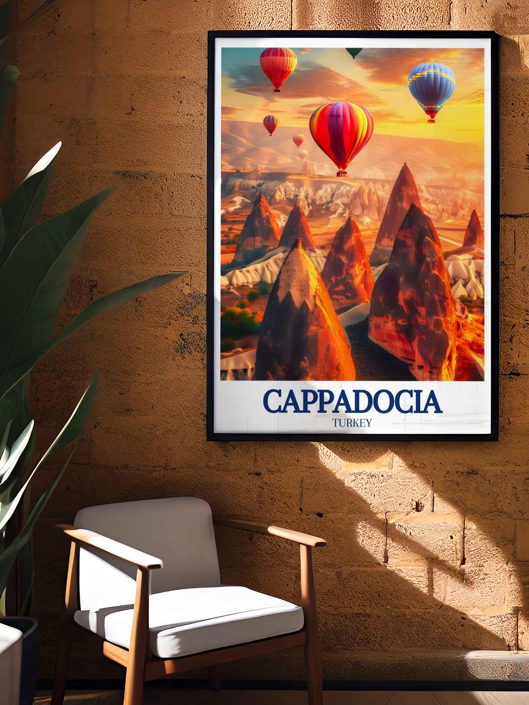 Capture the enchanting landscapes of Turkey with this Cappadocia travel poster, highlighting the regions famous Fairy Chimneys and colorful hot air balloons. This illustration brings the unique beauty of Cappadocia into your home decor.